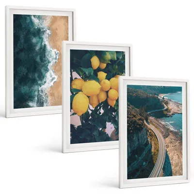 Produktbild von Bilder Set 3-teilig im weißen Rahmen – Wandbilder 3 Stück – gerahmte Poster für Wohnzimmer, Schlafzimmer und Flur – 40x60 cm – Meerstrand Zitronen Berge