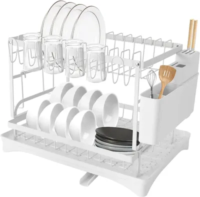 Image de Étagère à vaisselle, design à 2 niveaux, facile à nettoyer, blanche