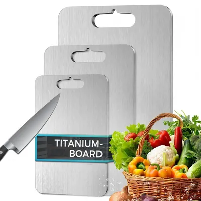 Image de Lot de 3 planches à découper en titane à bords surélevés, planche à découper en titane et acier inoxydable S316, planche à découper double face adaptée à un usage alimentaire, planche à découper en titane pour la viande et les fruits (à bords surélevés)