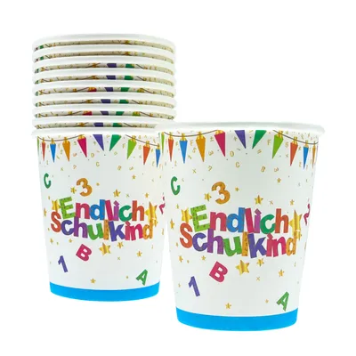 Produktbild von Oblique Unique 10x Endlich Schulkind Pappbecher Papierbecher Trinkbecher für Schuleinführung Einschulung Tischdeko für Jungs Mädchen