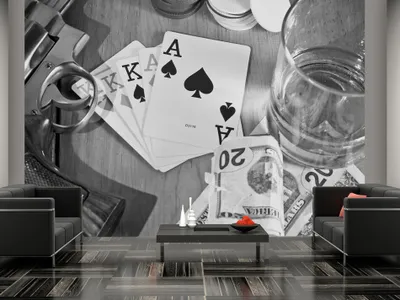 Produktbild von Vlies Fototapete 350x256 cm Tapeten Wandtapete XXL Spielkarten Revolver Geld Poker Whiskey i-B-0002-a-d