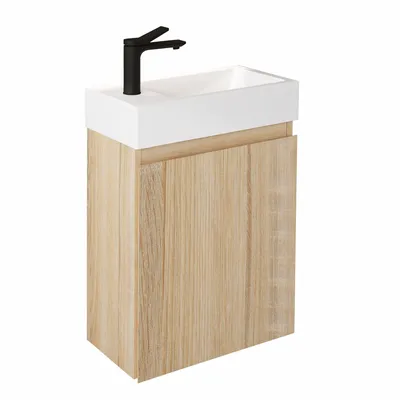 Produktbild von Waschbecken mit Unterschrank 40 cm Sonoma Eiche – JINDOLI Waschtisch Set mit schwarzer Armatur & Mineralgussbecken, vormontiert für Gäste-WC