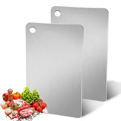 Image de Planche à découper en titane, lot de 2, planche à découper en acier inoxydable pour la viande, le pain, les légumes et les fruits (15 cm x 24 cm)