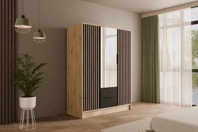 Produktbild von ALTDECOR Kleiderschrank mit Spiegel und selbstschließenden, Lamellentüren, Lamellen, Flügeltüren - NELIA - 150 cm Artisan / Schwarz / Artisan