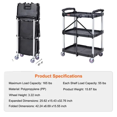Zdjęcie produktu dla 3-stopniowy składany wózek transportowy, maksymalny udźwig 75 kg, rozmiar po złożeniu 16,9 cm, czarny