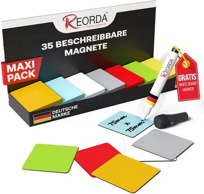 Zdjęcie produktu dla Reorda – paski magnetyczne do pisania – 35 sztuk – 75 x 75 mm (+ pisak) | Etykiety magnetyczne do pisania na tablicach suchościeralnych, tablicach Kanban i tablicach magnetycznych – etykiety magnetyczne do pisania na lodówce
