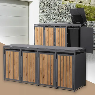 Obrázek produktu pro ML-Design box na odpadky se 4 popelnicemi, kryt na 4 popelnice, 240L 260x80x120 cm, antracitová ocel s dřevěným vzhledem, box na odpadky s výklopným víkem a dvířky