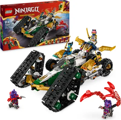 Produktbild von LEGO NINJAGO Aufstieg der Drachen Kombi-Raupe des Ninja-Teams, 4-in-1-Set mit Gleiter, Rennauto, 2 Motorrädern und 6 Minifiguren, 71820, 576 Teile, H: 9 cm, L: 26 cm, B: 18 cm