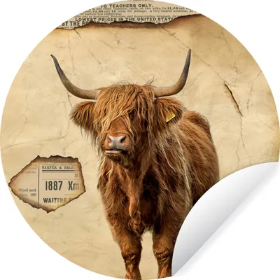 Produktbild von MuchoWow® Runde Wandtattoo - Wandsticker Tapete Aufkleber Schottischer Highlander - Vintage - Kuh Ø 30 cm Selbstklebend und Repositionierbar - Wandaufkleber - Kreis - Wandbild - Fototapete - Selbstklebend - Dekoration - Wandschmuck - Schlafzimmer