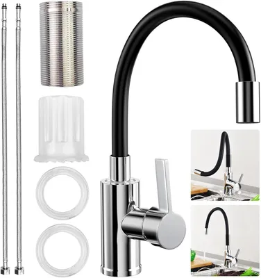 Imagen del producto de Grifo de cocina con caño flexible - Flexible - Grifo mezclador de alta presión para la cocina - Giratorio 360 grados - Monomando - Acero inoxidable