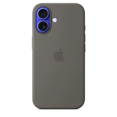 Produktbild von Apple iPhone 16 Silikon Hülle, Grau, Soft Case, MagSafe-kompatibel, Stoßabsorbierend, aus 55% recyceltem Silikon, Mikrofaser-Innenfutter
