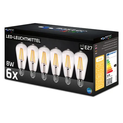 Produktbild von MasterLED E27 ST64 Filament LED - 8W 880lm - Leuchtmittel - 4000K Neutralweiß Klar – 6er Set