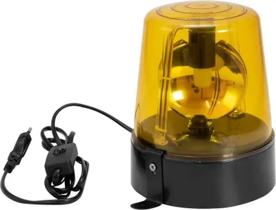 A yellow rotating warning light with a black base and a power cord with a switch and plug.