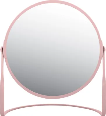 A pink makeup mirror on a stand, shown from the front against a white background.