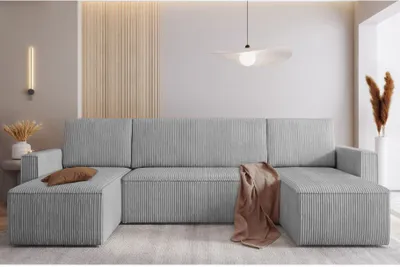 Produktbild von Easy4You Grau Ecksofa Mimir Kord in U-Form 303 x 80 x 145 cm mit Schlaffunktion und Bettzeugbehälter - Schlafsofa mit Bettkasten - Eckcouch mit Stauraum - Stoff: POSO 55