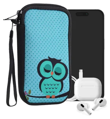 Produktbild von kwmobile Handytasche für Smartphones L - 6,5" - Neopren Handy Tasche Hülle Cover Case Schutzhülle - Eule Schlaf Türkis Braun Mintgrün - 16,5 x 8,9 cm