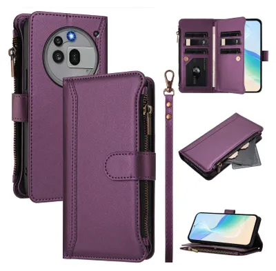 Image de Étui pour Nothing Phone 3A Pro, étui à fermeture éclair en cuirPolyuréthaneavec pochettes pour cartes, support et boucle pour les mains Violet