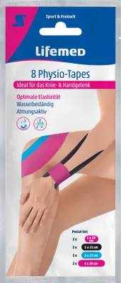 Produktbild von Lifemed Physio-Tape "Knie-/Hand-Gelenk" farbig sortiert 8 Stück