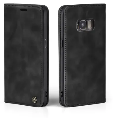 Two views of a black flip phone case.