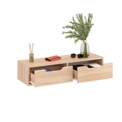 Produktbild von KOMTO Wandregal Sonoma Oak mit 2 Schubladen – Hängender Nachttisch, Wandkommode, Schminktisch Wandmontage, Garderobenschrank | NOKA 100 x 32,5 x 22 cm