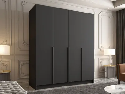 A modern, dark gray wardrobe with four doors and metal handles, set in a well-lit room with decorative wall molding and bedside lamps.