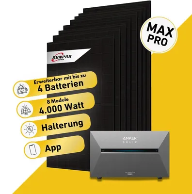 Produktbild von 4000 Watt, Bifazial Komplettset, Balkonkraftwerk, Anker SOLIX Solarbank 3 E2700 Pro, Anker SOLIX Anschlusskabel 15 m