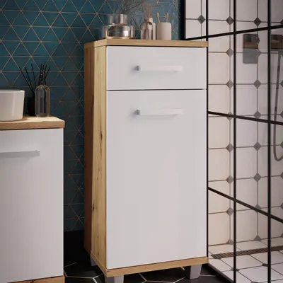 Produktbild von Forte VERIS Badezimmerkommode 40, moderne Kommode, 1-türig, 1 Schublade, Holzwerkstoff, Weiß mit Artisan Eiche Holzdekor, 40,2 cm breit x 90,8 cm hoch x 34,8 cm tief