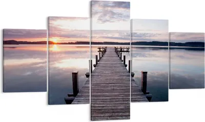 Produktbild von Bild auf Leinwand - Leinwandbild - Fußgängerbrücke See Sonnenuntergang Abend - 125x70cm - Wand Bild - Wanddeko - Leinwanddruck - Bilder - Kunstdruck - Leinwand bilder - Wandkunst - EA125x70-2635