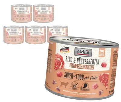 Produktbild von MAC's 6x200g getreidefreies Nassfutter für Katzen mit Rind- und Geflügelherzen