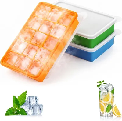 Immagine prodotto di Stampi in silicone per cubetti di ghiaccio con coperchio - Set da 3 - 15 stampi per cubetti di ghiaccio quadrati - Senza BPA e riutilizzabili - Contenitore impilabile per cubetti di ghiaccio, ideale per whisky