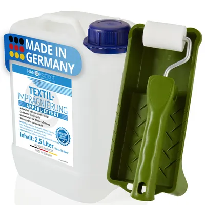 Produktbild von Nanoprotect Textilimprägnierung | 2,5 L Großgebinde inkl. Malerset zum Aufrollen | High-Tech Imprägnierung für Textilien | Stark wasserabweisend mit Abperleffekt | Ideal gegen Schmutz und Nässe