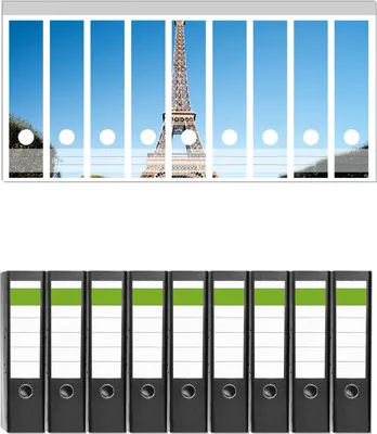 Produktbild von Wallario 9 Stück breite Ordner inkl. Klebeetiketten mit Motive Pariser Eiffelturm -  Set mit Rückenschildern / Ordnerrücken Stickern