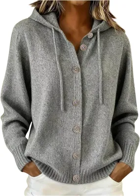 Produktbild von ASKSA Damen Strickjacke Langarm Strickcardigan Einfarbig Pullover mit Knopfleiste Kapuze Warm Gestrickt Kapuzenpullover Casual Cardigan (Grau,M)