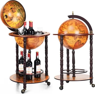 Obrázok produktu pre Globus Bar House Bar Antique, barový vozík Vintage, koktailový bar Wiskybar z masívneho dreva so základnou doskou, minibar s 3 kolieskami, Dekobar 90 cm (hnedý)