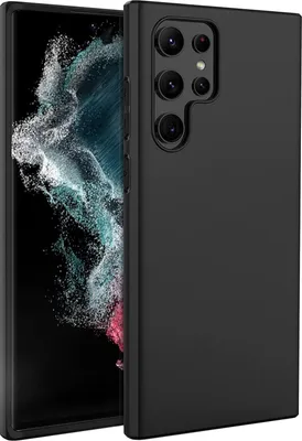 A black phone case is shown on a black background, with a smartphone partially visible behind it.