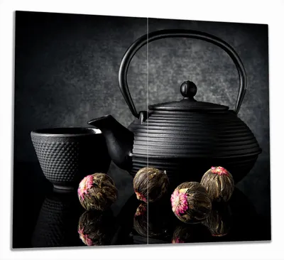 Produktbild von Wallario Herdabdeckplatte aus Glas, Größe 60 x 52 cm 2-teilig, Motiv Japanisches Tee-Set