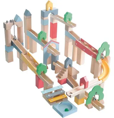 Produktbild von Holz-Kugelbahn ROBA – 20 Glasskugeln – 60 Bausteine – Natur/Himmelblau/Gelb/Koralle