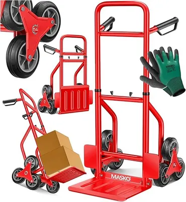 Immagine prodotto di Carrello per scale, carrello per sacchi da 200 kg, carrello di trasporto, scala per scale, carrello impilabile pieghevole, carrello per sacchi per scale, pneumatici in gomma dura, maniglie in plastica, struttura in acciaio, ruote a stella triple, include guanti, colore rosso