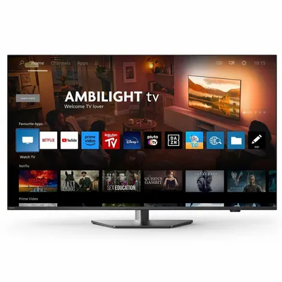 A television displaying a smart TV interface with various app icons and movie posters.