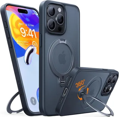A dark gray iPhone case with a magnetic ring stand is shown from multiple angles, with one phone displaying its screen.