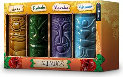 A set of four Tiki mugs in a retail box, decorated with tropical motifs.