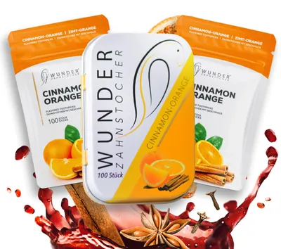 Produktbild von Wunder Zahnstocher mit Geschmack - 300er Vorratspack Zimt Orange - anhaltender Geschmack - frischer Atem - gegen Nägelkauen - Alternative zu Kaugummi