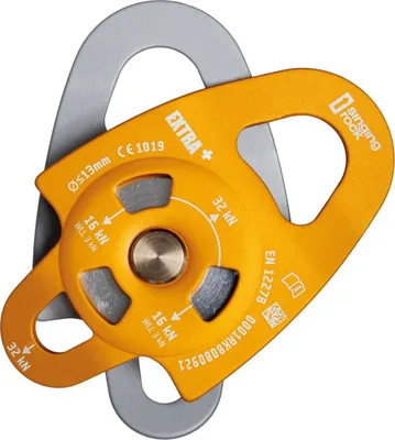 Umlenkrolle Extra Plus von Singing Rock in orange und grau; mit zentralem Drehpunkt und Sicherheitsmarkierungen.