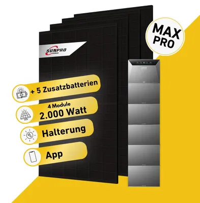 Produktbild von Balkonstrom Balkonkraftwerk 2000W mit Speicher | 5xZusatzspeicher | Biberschwanzdachhalterung | 2xSolarmodul Bifazial | Anker Solix 4 Pro |Kabel 15m