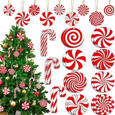 Produktbild von 44 Pieces Wooden Candy Cane Ornaments for Christmas Tree Decor - Red Peppermint Lollipop Hanging Decorations for Holiday Home Party