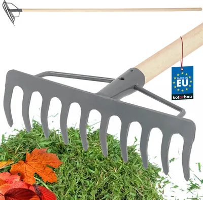 Produktbild von KOTARBAU® Laubrechen 26 cm Metall Rechen für Gras & Laub mit Holzstiel Gartenrechen Rasenrechen mit 10 Zinken Metall Grau + Naturfarben