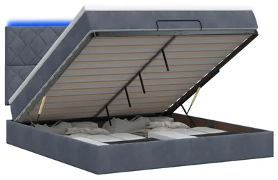Image de Banc coffre avec matelas et éclairage LED, gris foncé, 160 x 200 cm, revêtement en velours
