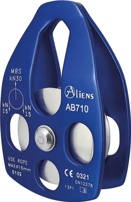 BIG PULLEY OPEN Umlenkrolle von Aliens; blau; mit zwei Seilrollen; für Klettern und Abseilen; maximale Seildurchmesser 16 mm.