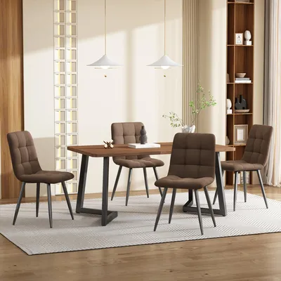 Produktbild von Fortuna Lai Essgruppe (5-tlg),Esstisch mit 4 Stühlen Set,  Moderner Küchentisch Set , Holzmaserung Küchentisch mit Schwarz Metallbeinen, MDF Tischplatte in Walnussfarbe,Braun Samt Esszimmerstühle