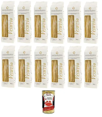 Produktbild von Pietrabianca, Pasta di Semola Artigianale trafilata al bronzo handgefertigte, aus Bronze gezogene Grießnudeln „Spaghetti“ 12x500gr + Italian Gourmet polpa 400g